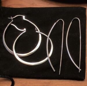 Two Pair Silver 925 Hoop and Curved Bar Earrings